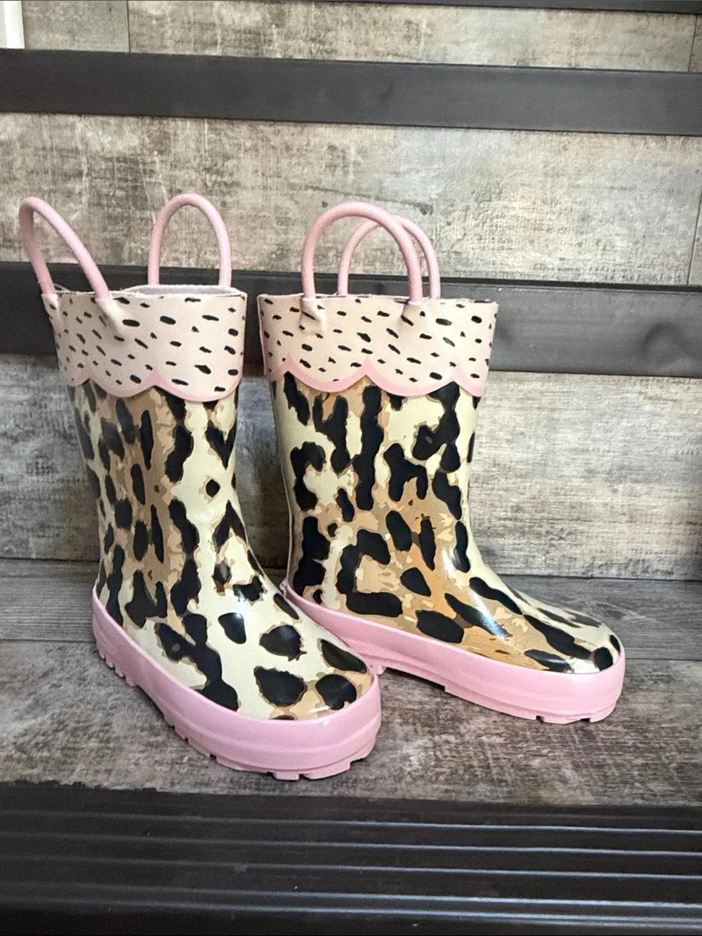 NWT Stephen Joseph Kids' SIZE 7 Leopard Rain Boots in Pink Trim